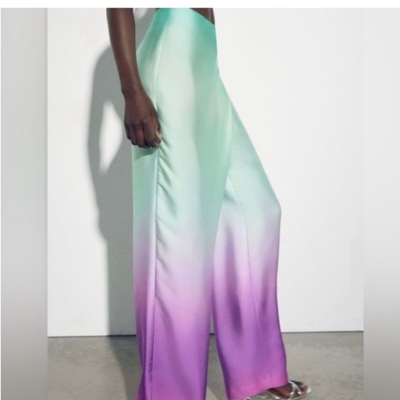 Zara Ombre Satin Pants High Waist Wide Leg Flowy Mint Purple Side Zip XS NWT - Picture 14 of 15